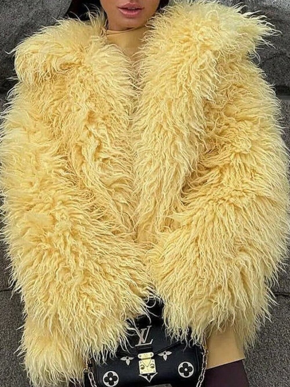 Yellow Women's Long Zip‑Front Fuzzy Lapel Loose Fit Winter Jacket